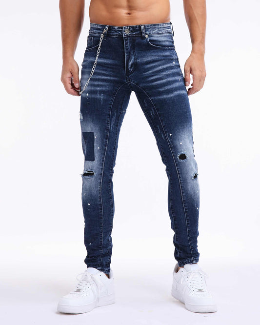 Logeqi denim spray paint jeans featuring distressed details and a slim fit for a trendy look