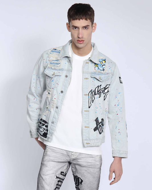 Logeqi distressed blue denim jacket with artistic designs and unique patches for a trendy look