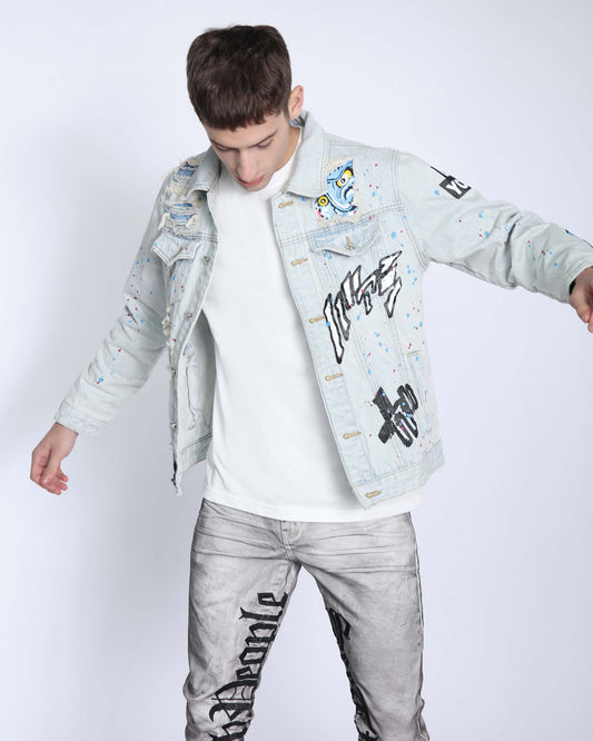 Logeqi distressed blue denim jacket featuring unique designs and a trendy, casual fit