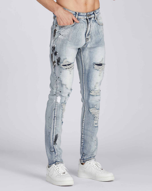 Logeqi distressed blue jeans with a slim fit and stylish ripped details for a modern look