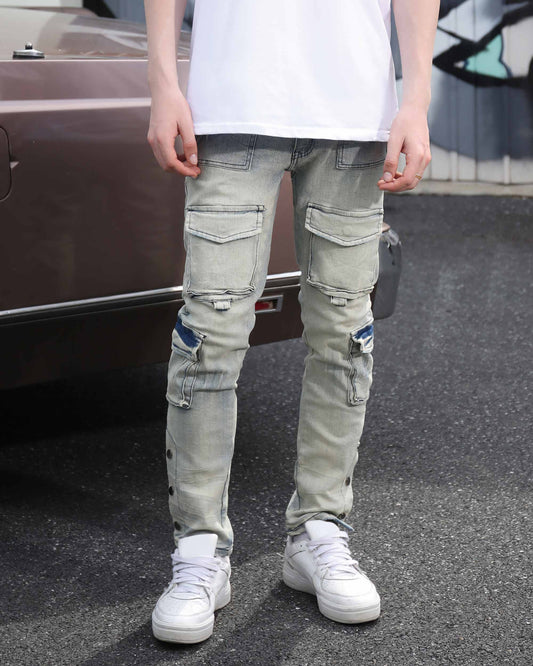 Logeqi distressed cargo jeans men in light gray with ripped details and multiple pockets