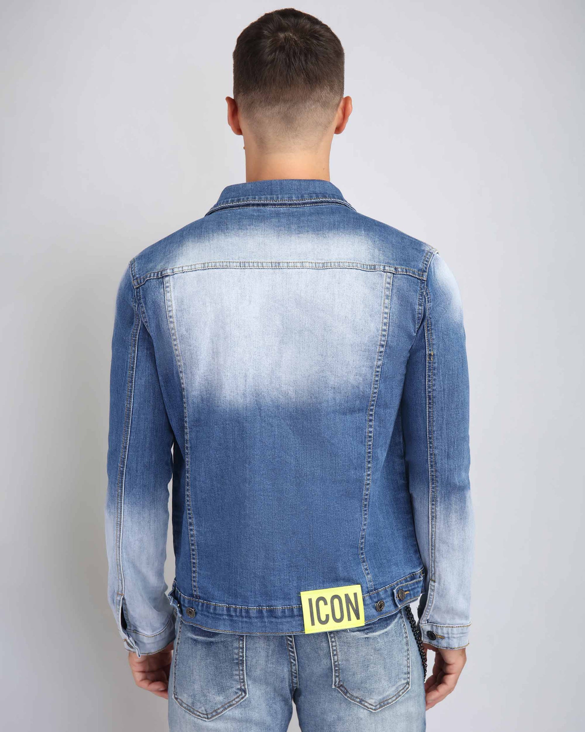 Logeqi distressed denim jacket ICON patch with a gradient blue wash and casual fit for stylish layering