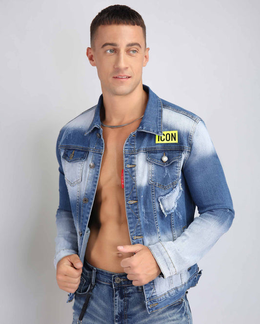 Logeqi distressed denim jacket ICON patch featuring a stylish design and comfortable fit for men