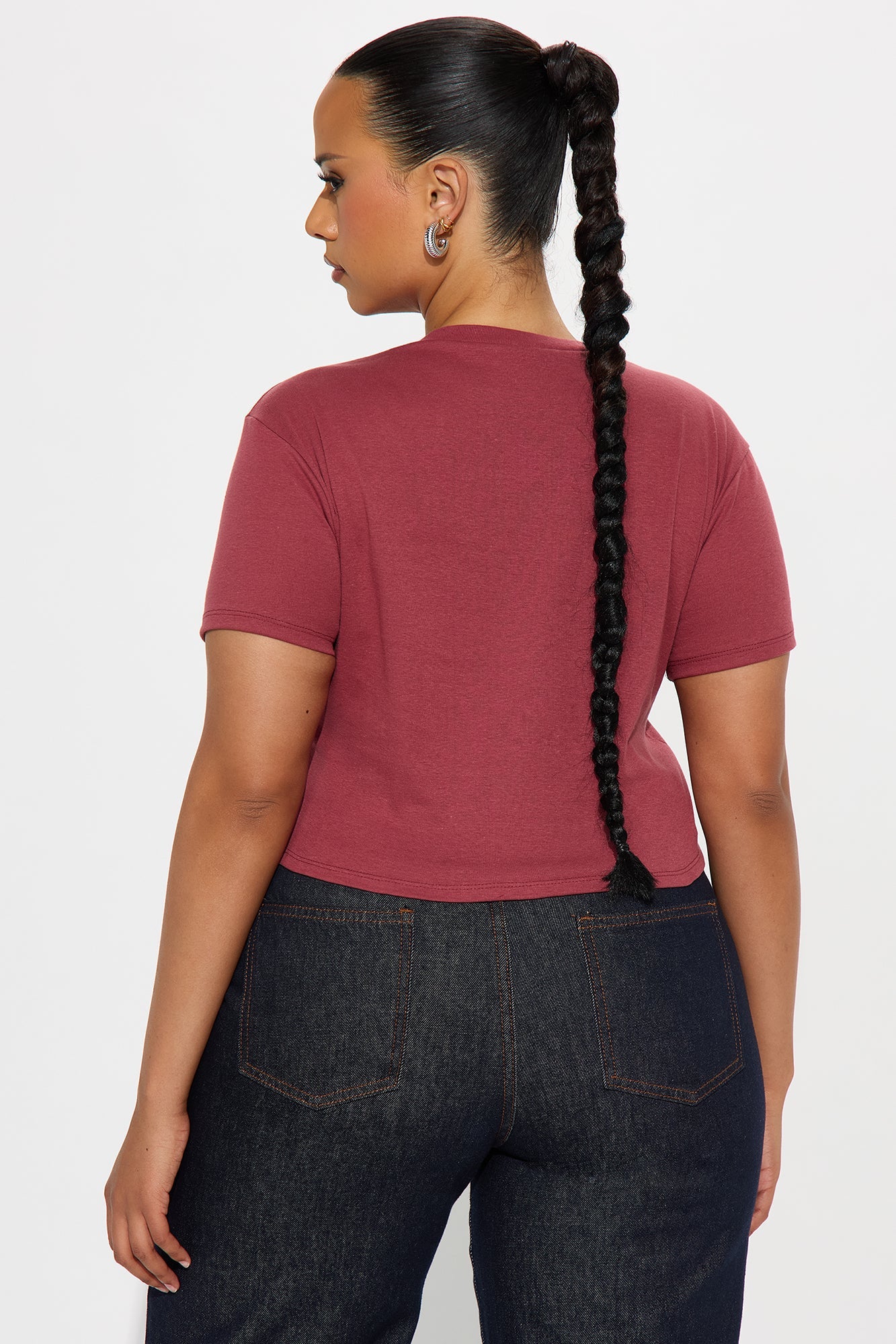 Fashion Nova Dr Pepper baby tee in maroon with short sleeves and a cropped fit