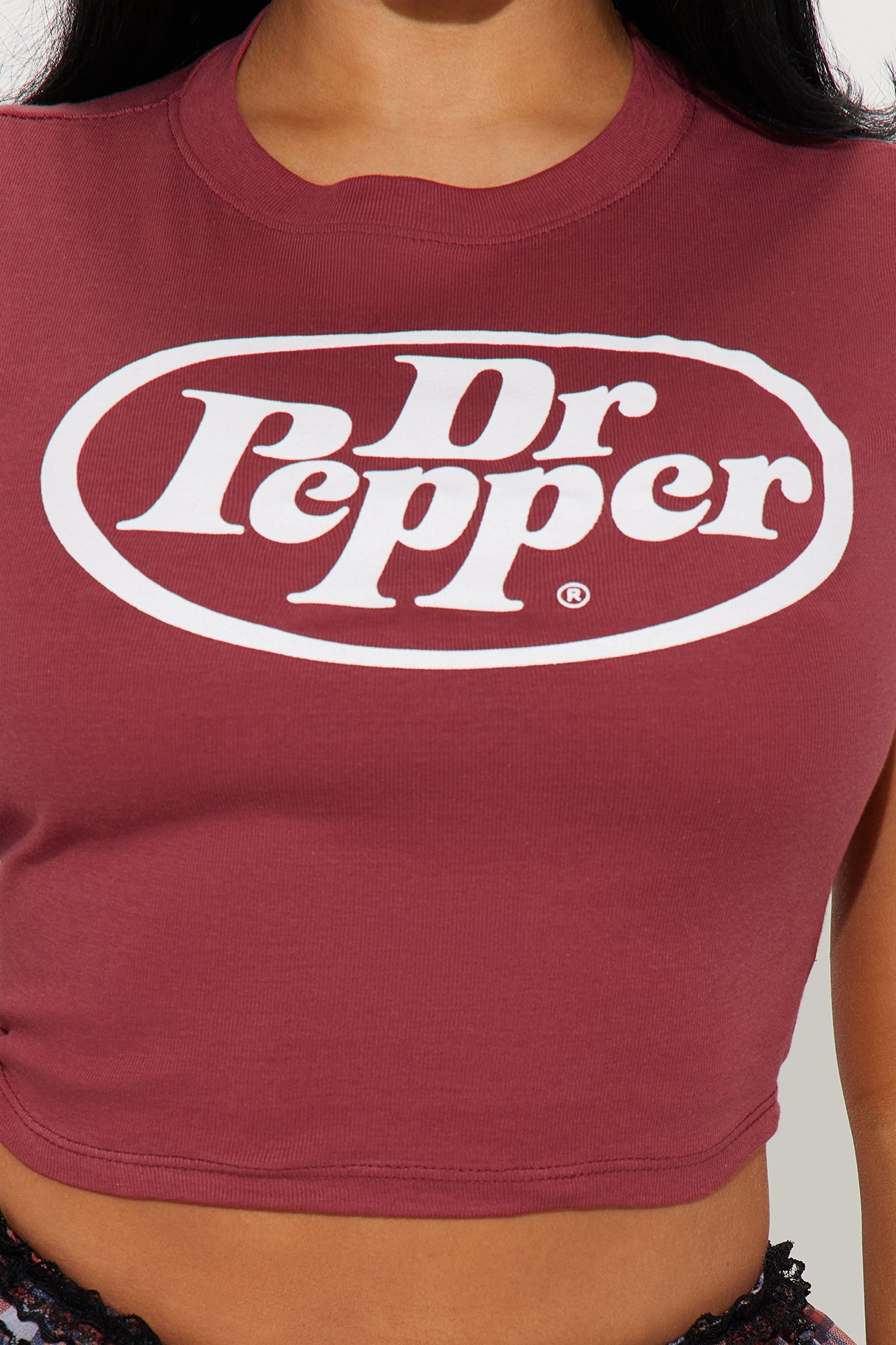 Fashion Nova Dr Pepper baby tee in maroon featuring a bold logo design