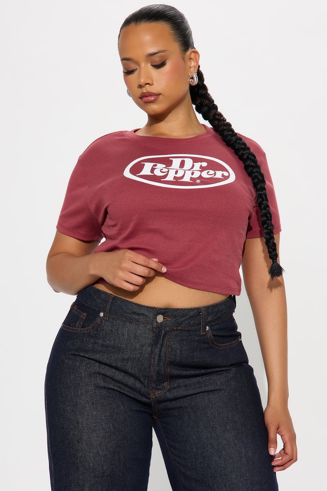 Fashion Nova Dr Pepper baby tee in maroon with classic logo design for a trendy casual look