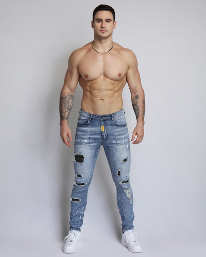 Logeqi durable ripped jeans online in light blue with distressed detailing and tapered fit