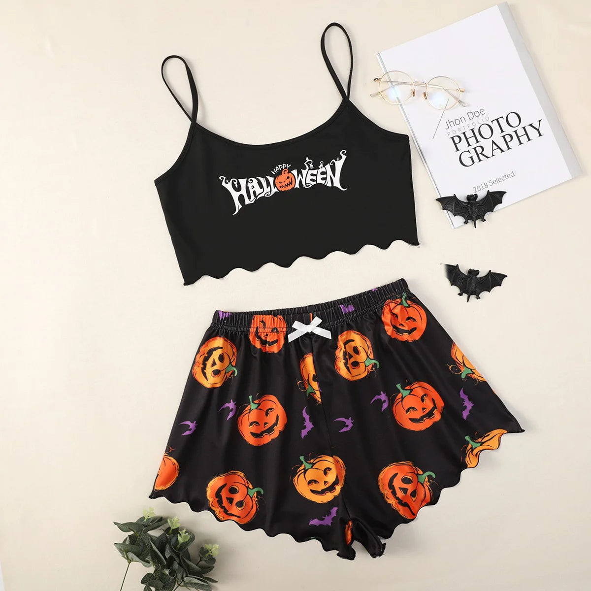 Spooktacular Comfort: Women's Halloween-Themed Polyester Fiber Two-Piece Pajama Set