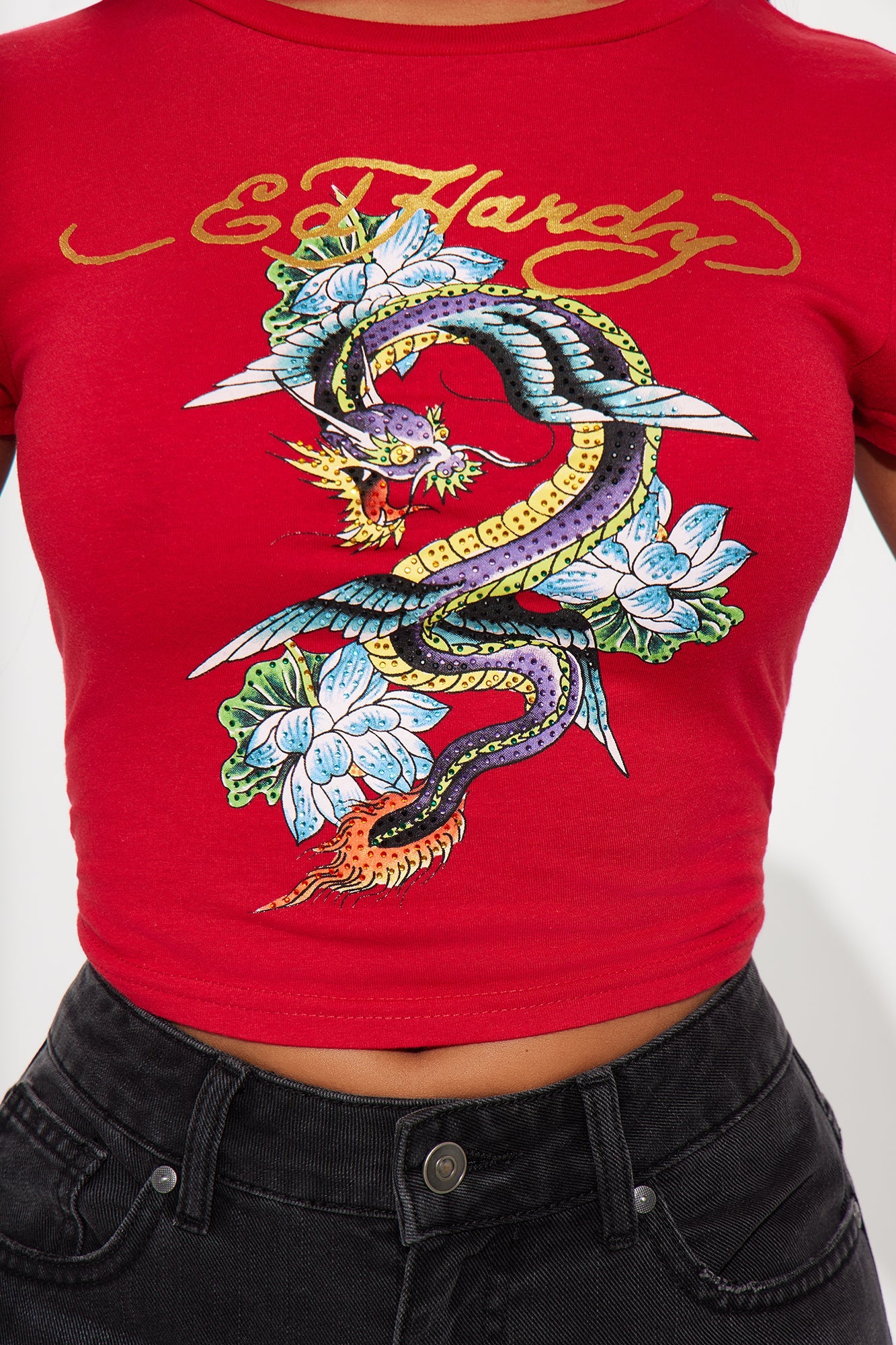 Ed Hardy cherry rhinestone baby tee in red featuring vibrant colorful dragon and floral design