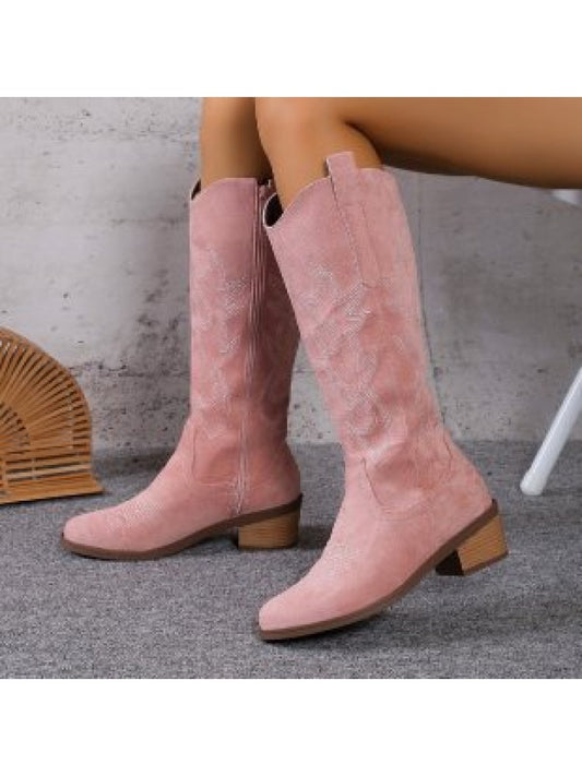 Wholesale7 pink embroidered thigh-high boots with low wooden heels and side zipper