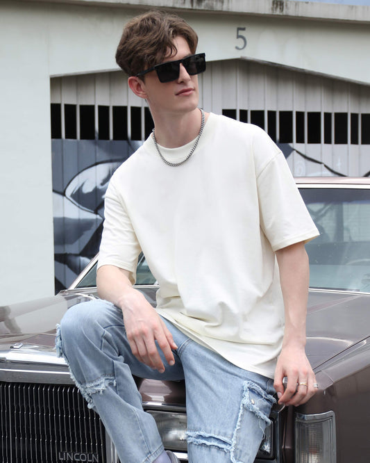 Logeqi Essential Solid T-Shirt in Cream Color Perfect for Casual Outfits and Everyday Wear