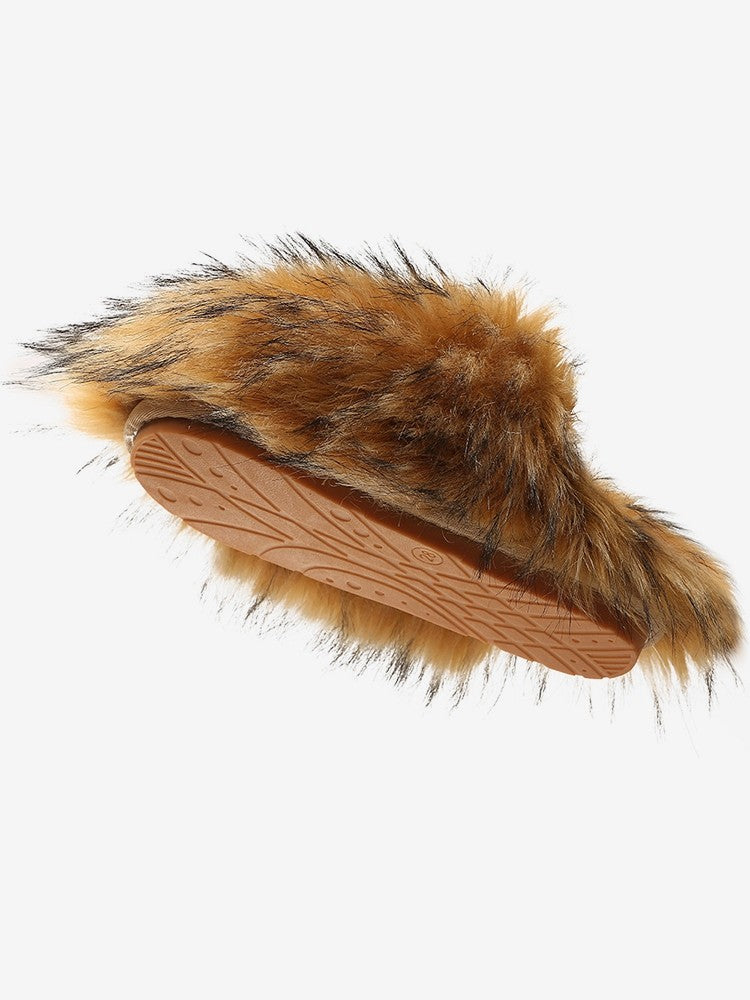 Wholesale7 fluffy flat heel slippers with brown faux fur and rubber sole for indoor comfort