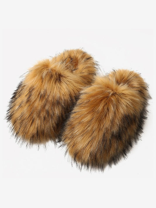 Wholesale7 fluffy flat heel slippers in brown and black faux fur for cozy indoor wear