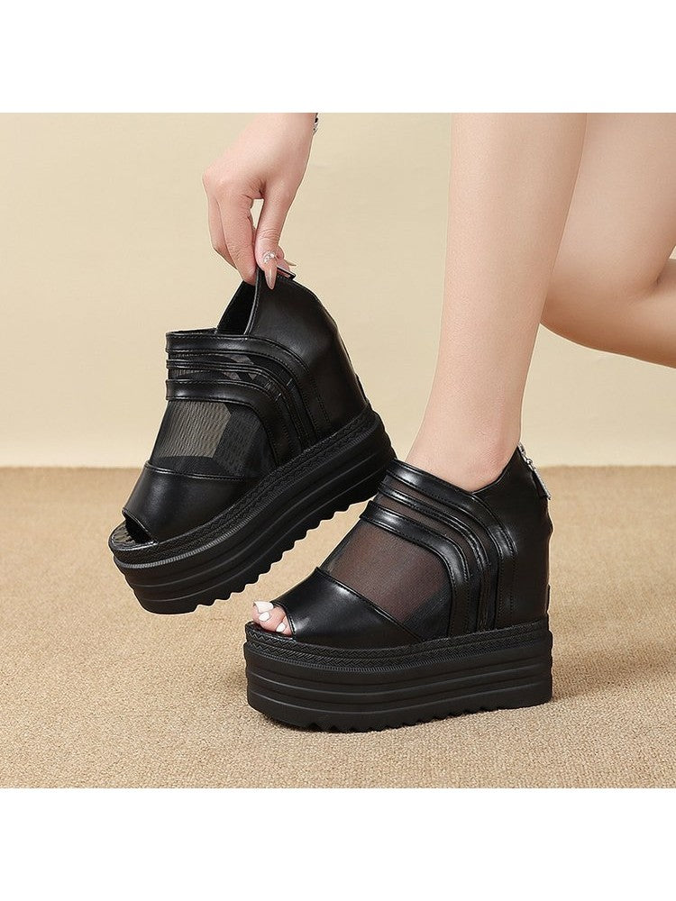 Wholesale7 black gauze platform wedge sandals with thick soles and open toes