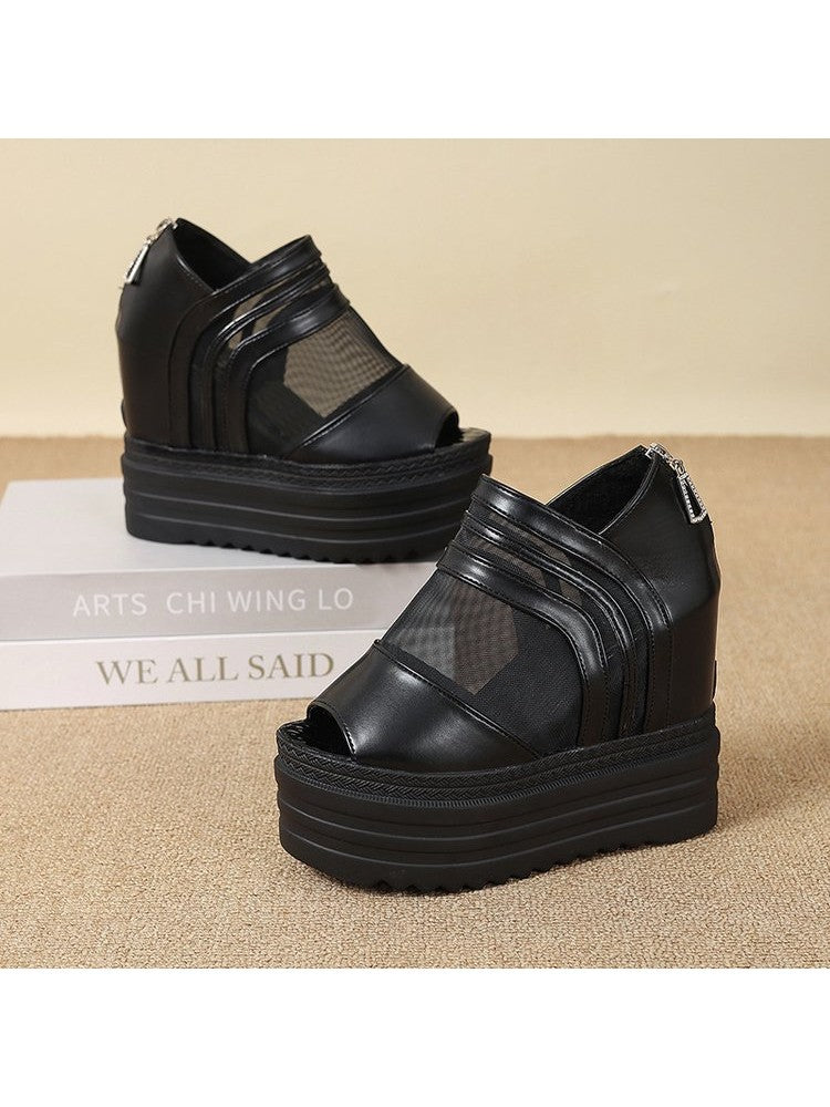 Black gauze platform wedge sandals with thick soles and zippered back from wholesale7