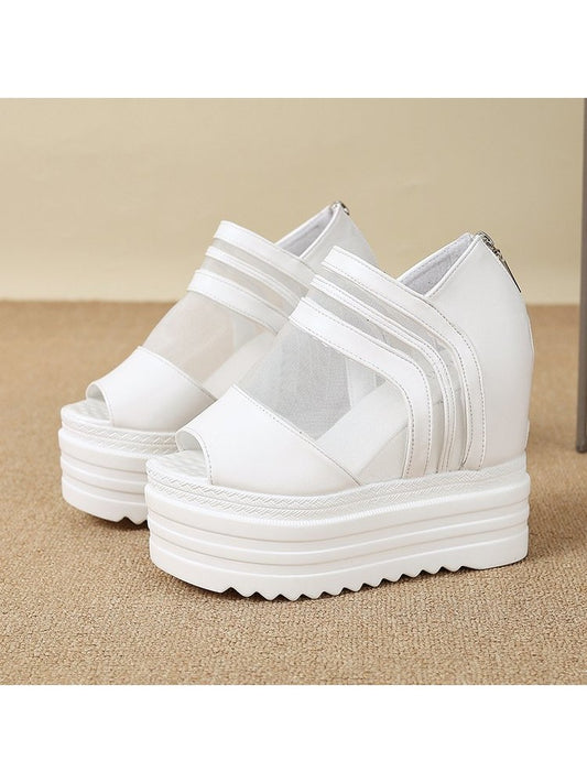 Wholesale7 white gauze platform wedge sandals with thick ridged soles and back zippers