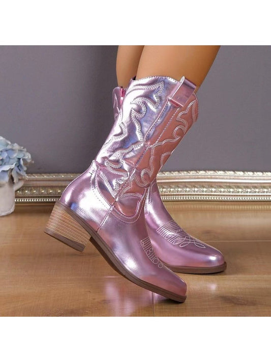 Wholesale7 glossy pointed toe boots in metallic pink with mid-calf height and block heels
