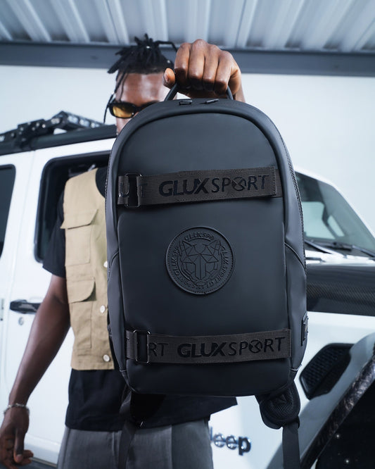 Glux men's backpack in black with logo and adjustable straps, perfect for outdoor adventures