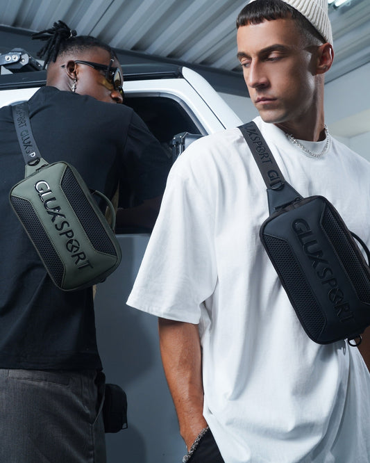 GLUX men's gaming shoulder bag featured in stylish black and green, perfect for gamers on the go
