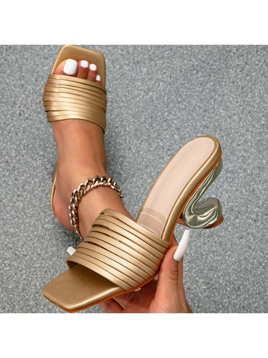 Wholesale7 gold vertical chunky heel slippers with strappy design and square toe