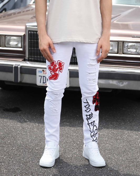 Logeqi graffiti embroidered jeans in white with red and black designs for a stylish look