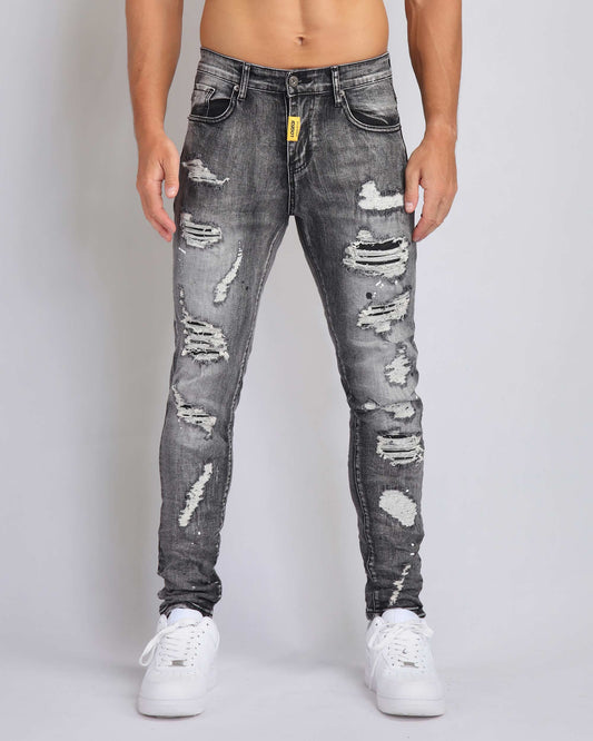 Logeqi graffiti ripped jeans in grey with distressed detailing and a slim fit design
