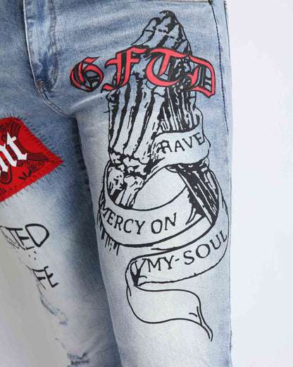 Logeqi graffiti ripped jeans featuring unique graphic prints and distressed detailing