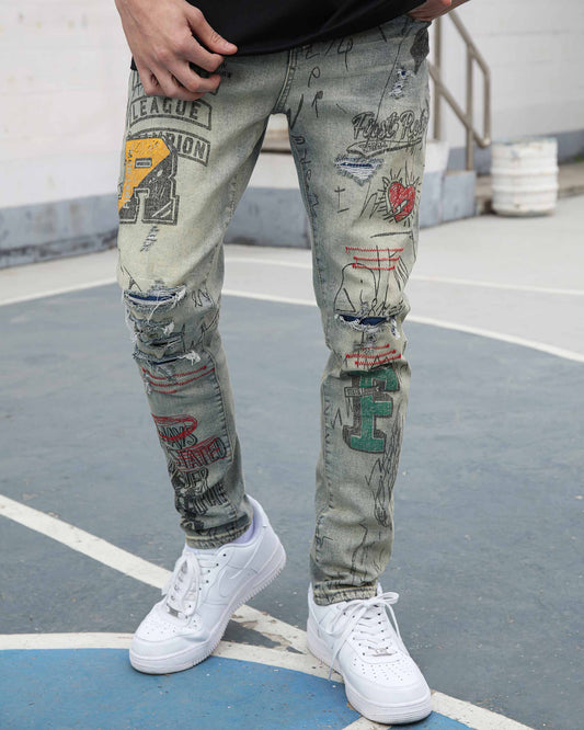 Logeqi graffiti ripped jeans with colorful patches and a slim fit for a trendy street style look