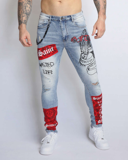 Logeqi graffiti ripped jeans with vibrant patches and stylish distressed details for a trendy look