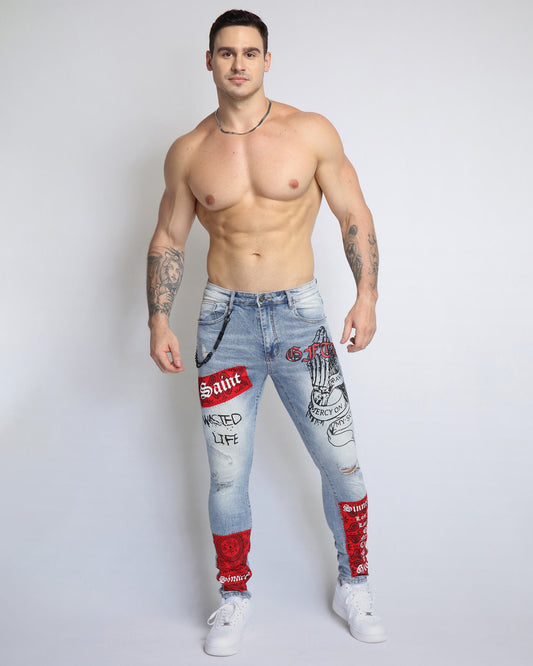 Logeqi graffiti ripped jeans with unique designs and distressed details for a trendy look