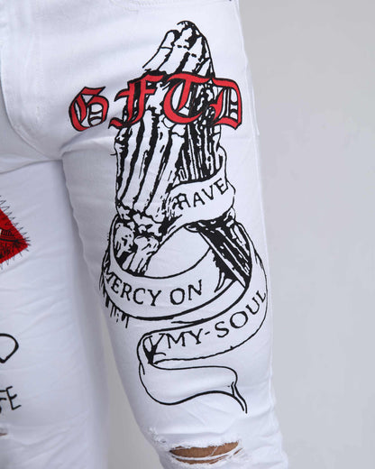 Logeqi graffiti white jeans with unique graphic designs and distressed details for a stylish look