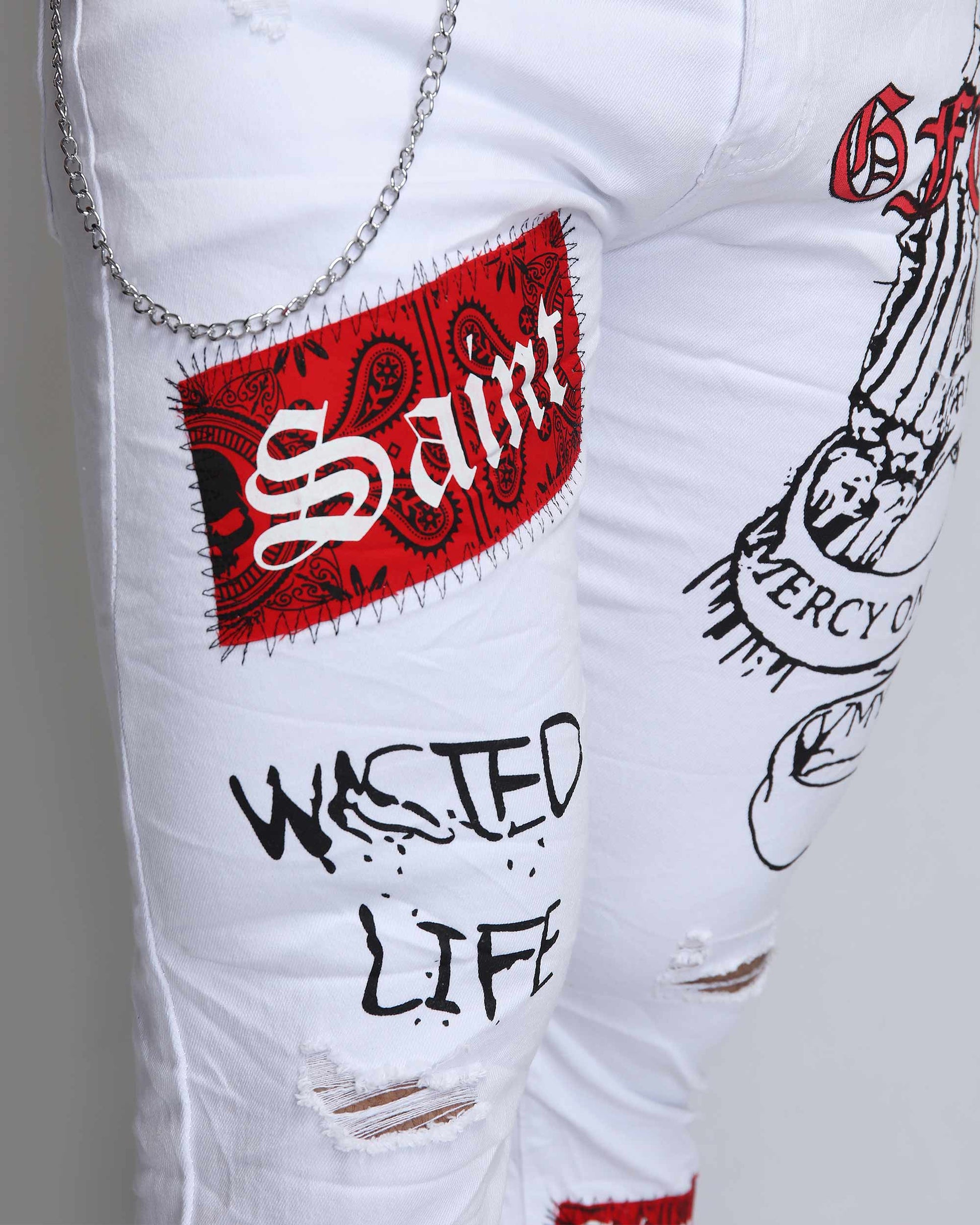 Logeqi graffiti white jeans with distressed detailing and unique printed patches for a stylish look