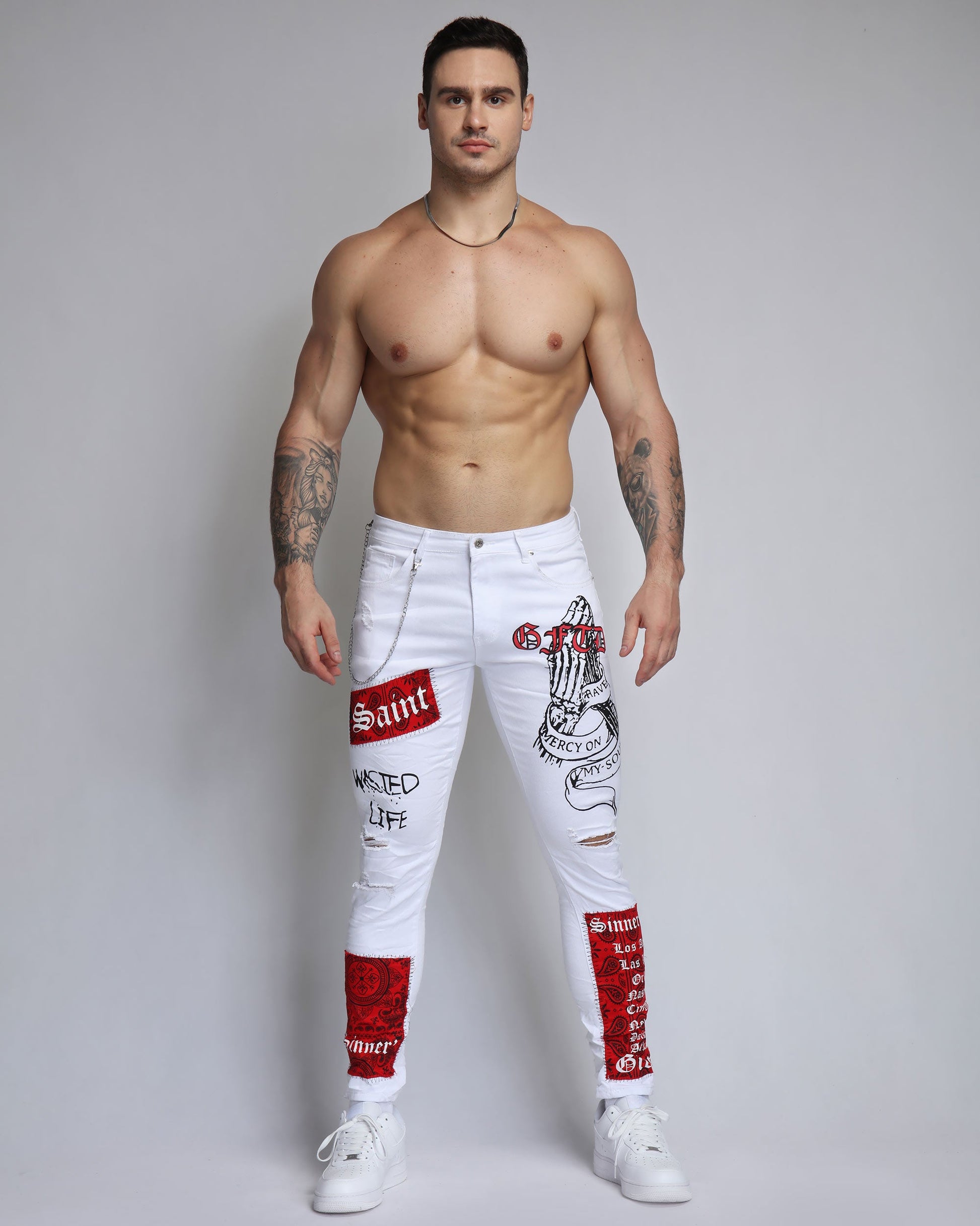 Logeqi graffiti white jeans featuring bold red graphics and a slim fit for stylish streetwear looks