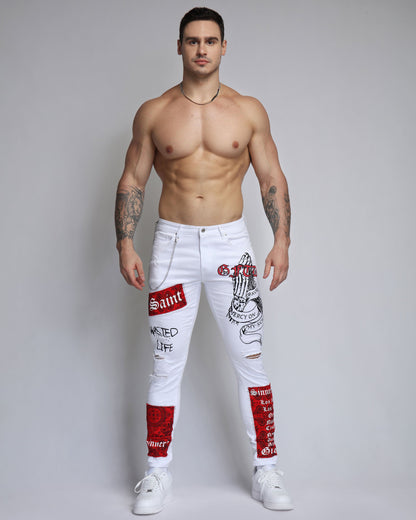 Logeqi graffiti white jeans featuring bold red graphics and a slim fit for stylish streetwear looks