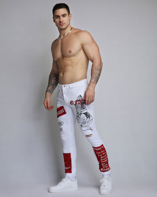 Logeqi graffiti white jeans featuring unique red printed designs and knee distressing for a stylish look