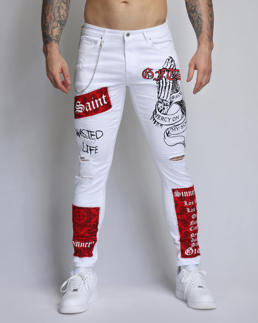 Logeqi graffiti white jeans with bold prints and distressed details for a trendy urban style