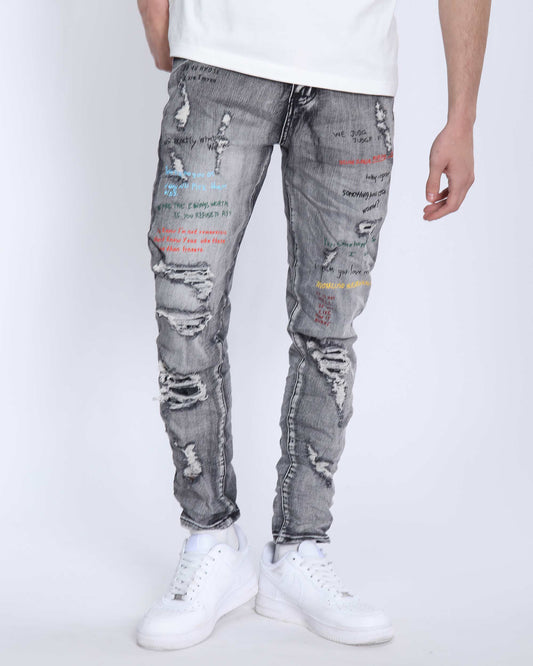 Logeqi gray slim fit jeans with distressed design and colorful text details for a trendy look