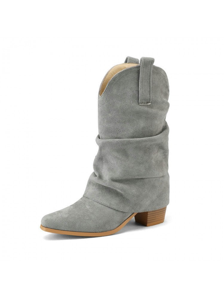Wholesale7 grey suede chunky heel boots with slouchy design and wooden block heel