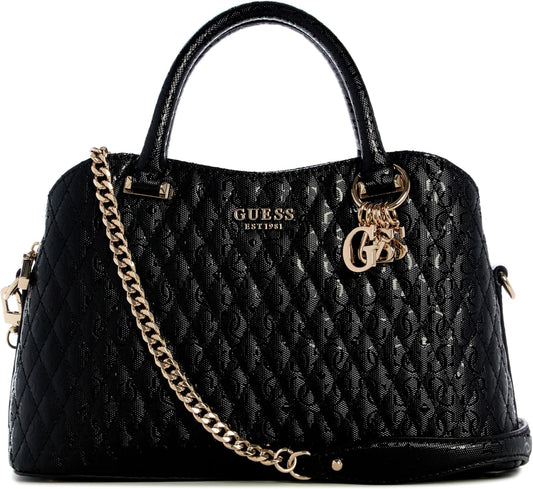 GUESS Betula Satchel bag in black with quilted design and gold chain strap for stylish outings