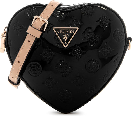 Black heart shaped handbag for women by Guess with a sleek design and adjustable strap