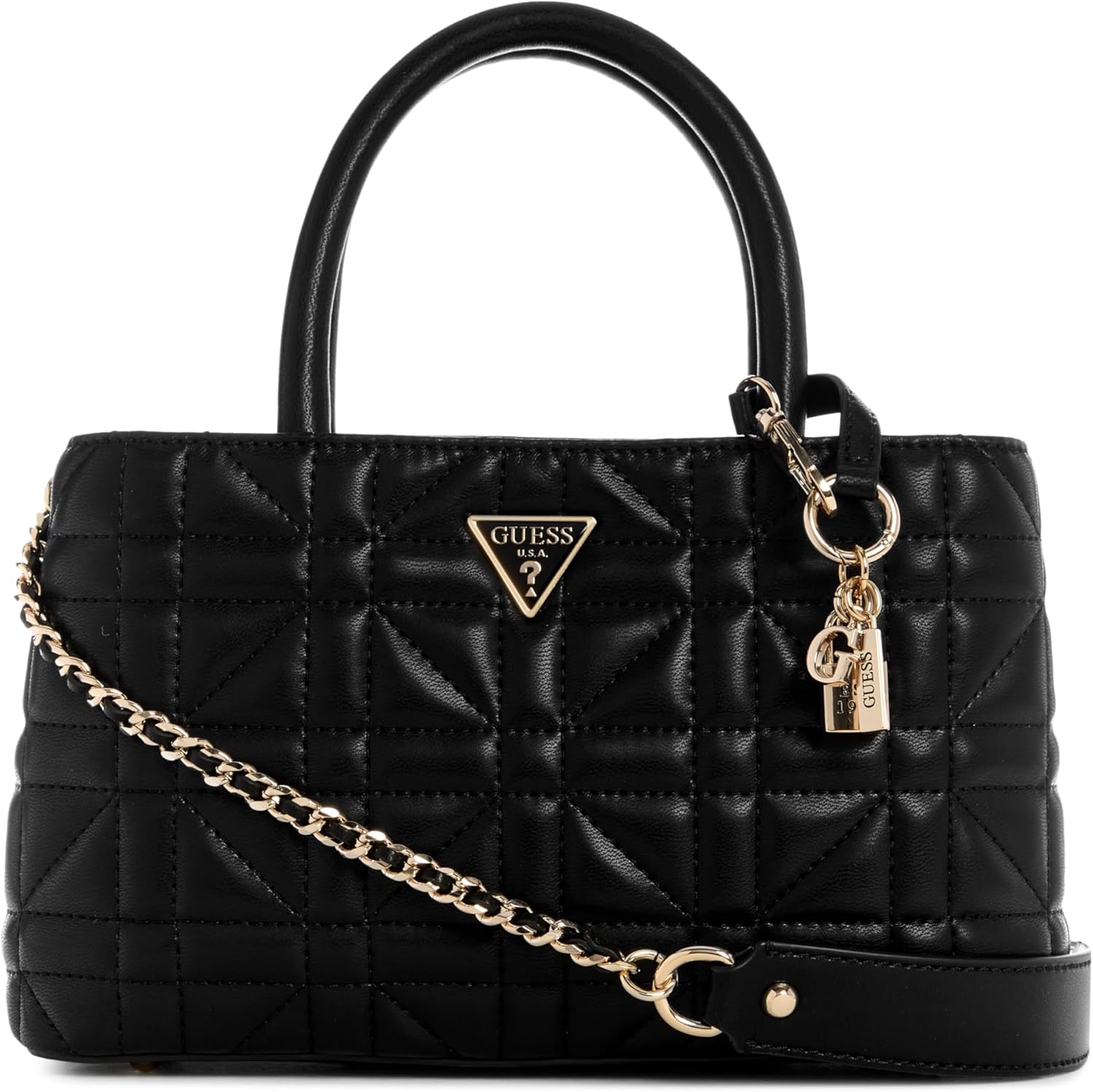 GUESS black satchel handbag with quilted design and gold chain strap for stylish versatility