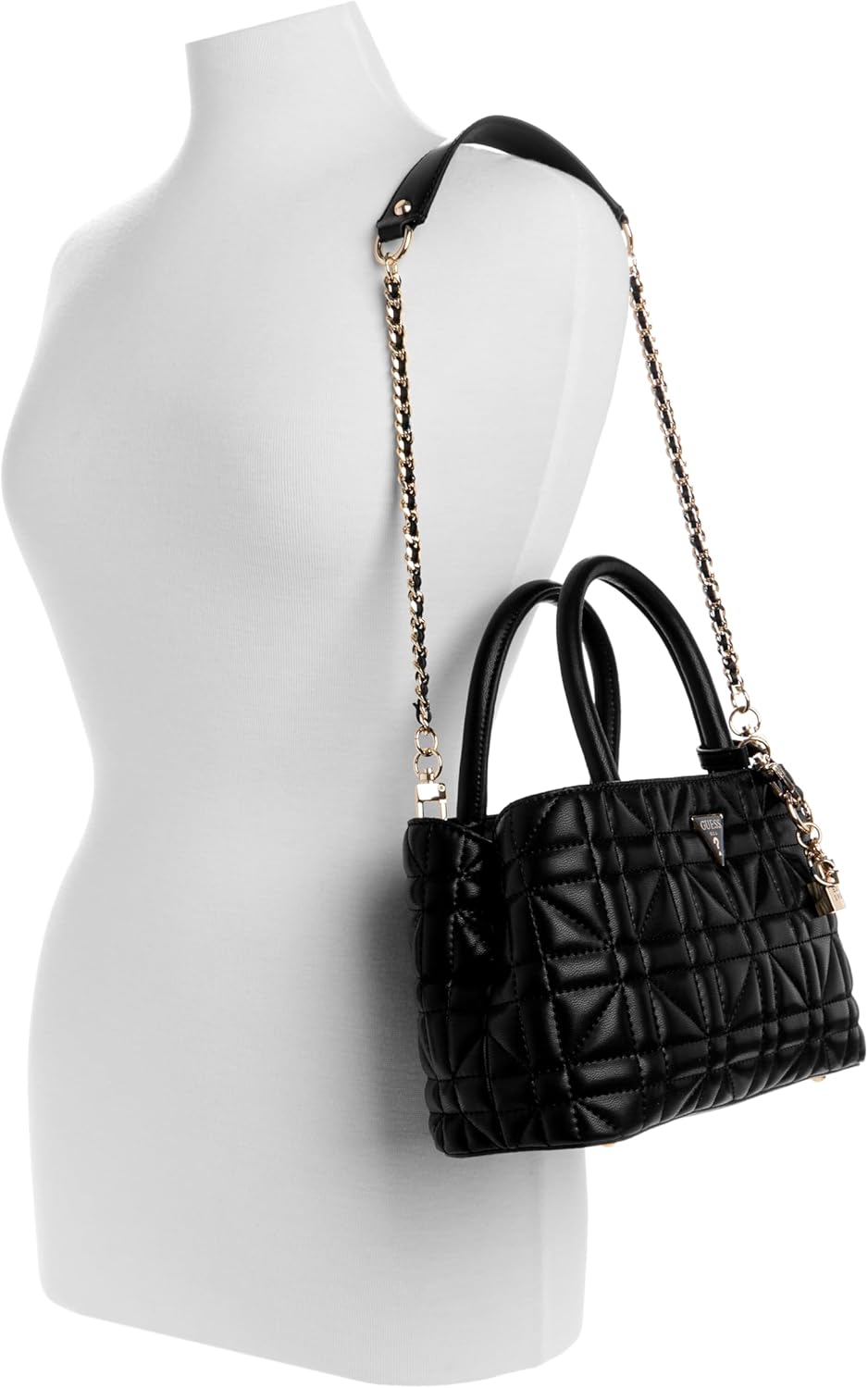 GUESS black satchel handbag with quilted design and gold chain strap for stylish crossbody use