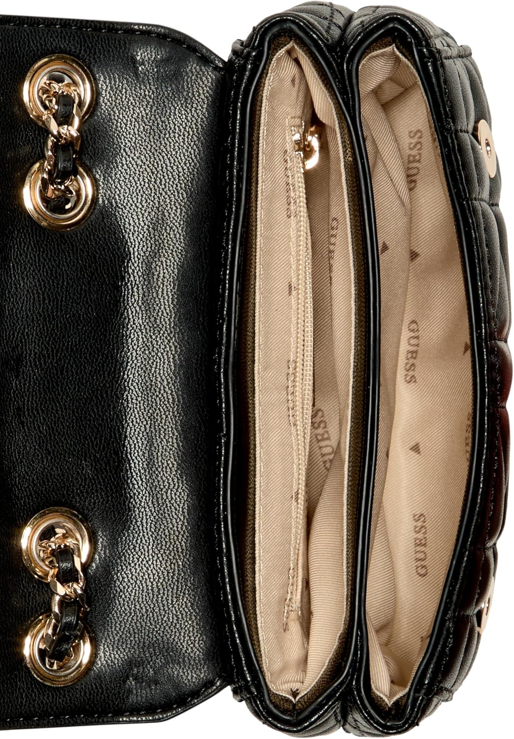 Inside view of GUESS Edita Mini Convertible Crossbody with compartments and elegant lining