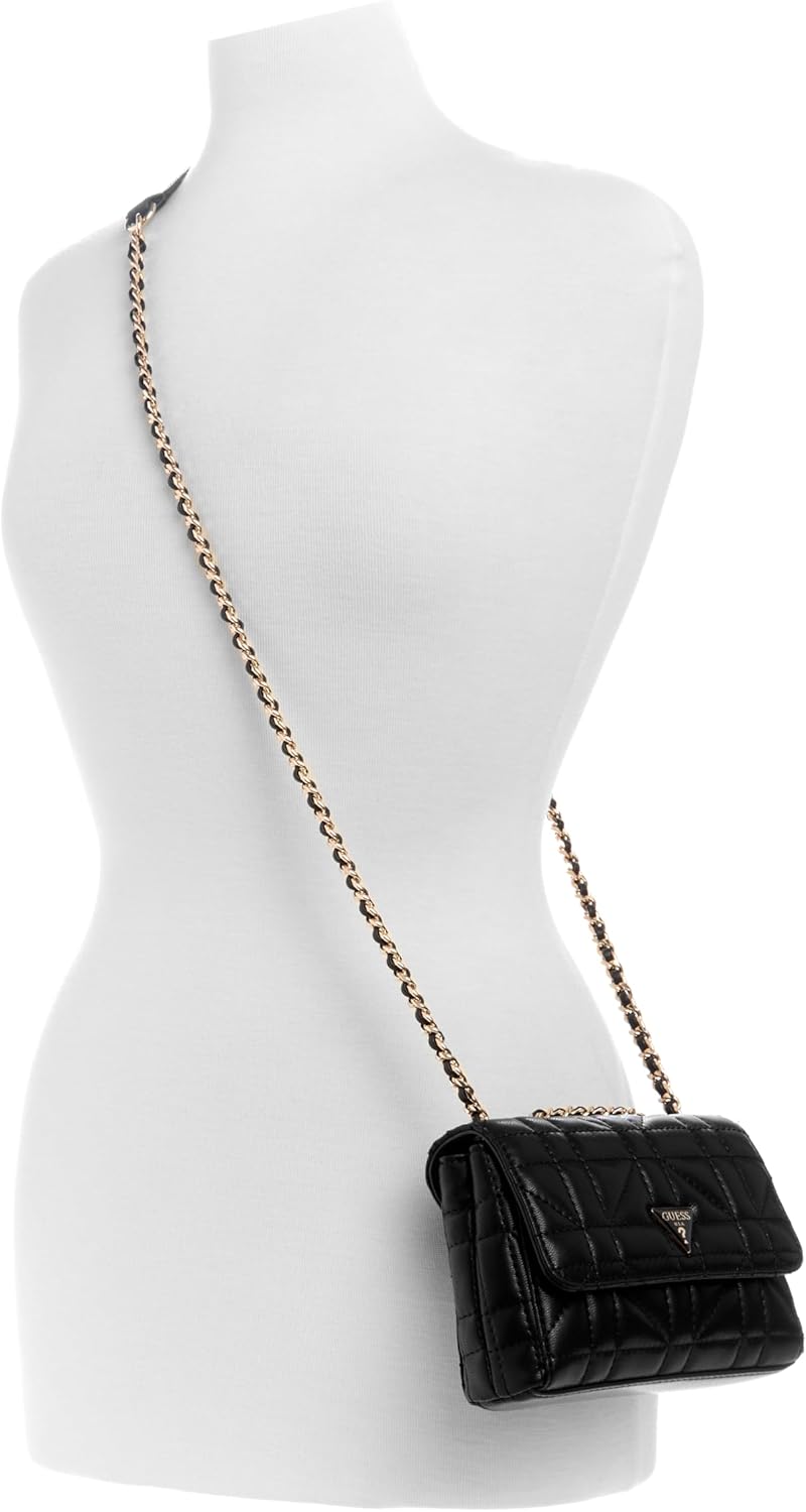 GUESS Edita Mini Convertible Crossbody in black with a chain strap and quilted design for stylish versatility
