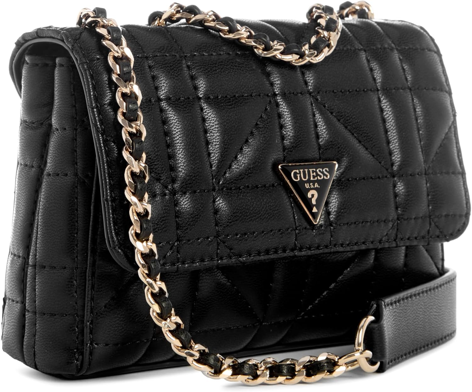 GUESS Edita Mini Convertible Crossbody in black with quilted design and chain strap for stylish outings