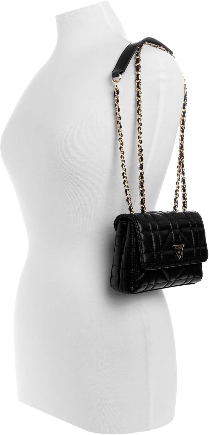 GUESS Edita Mini Convertible Crossbody in black with quilted design and chain strap