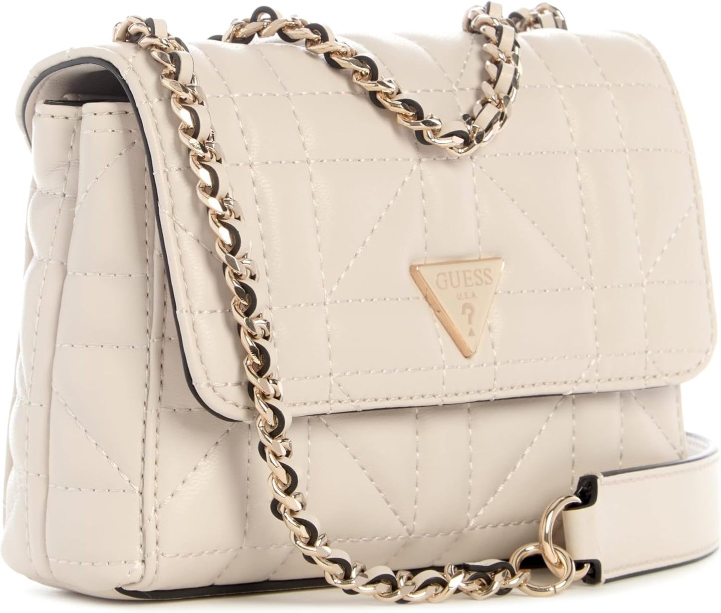 GUESS Edita Mini Convertible Crossbody Bag in Cream with Quilted Design and Chain Strap