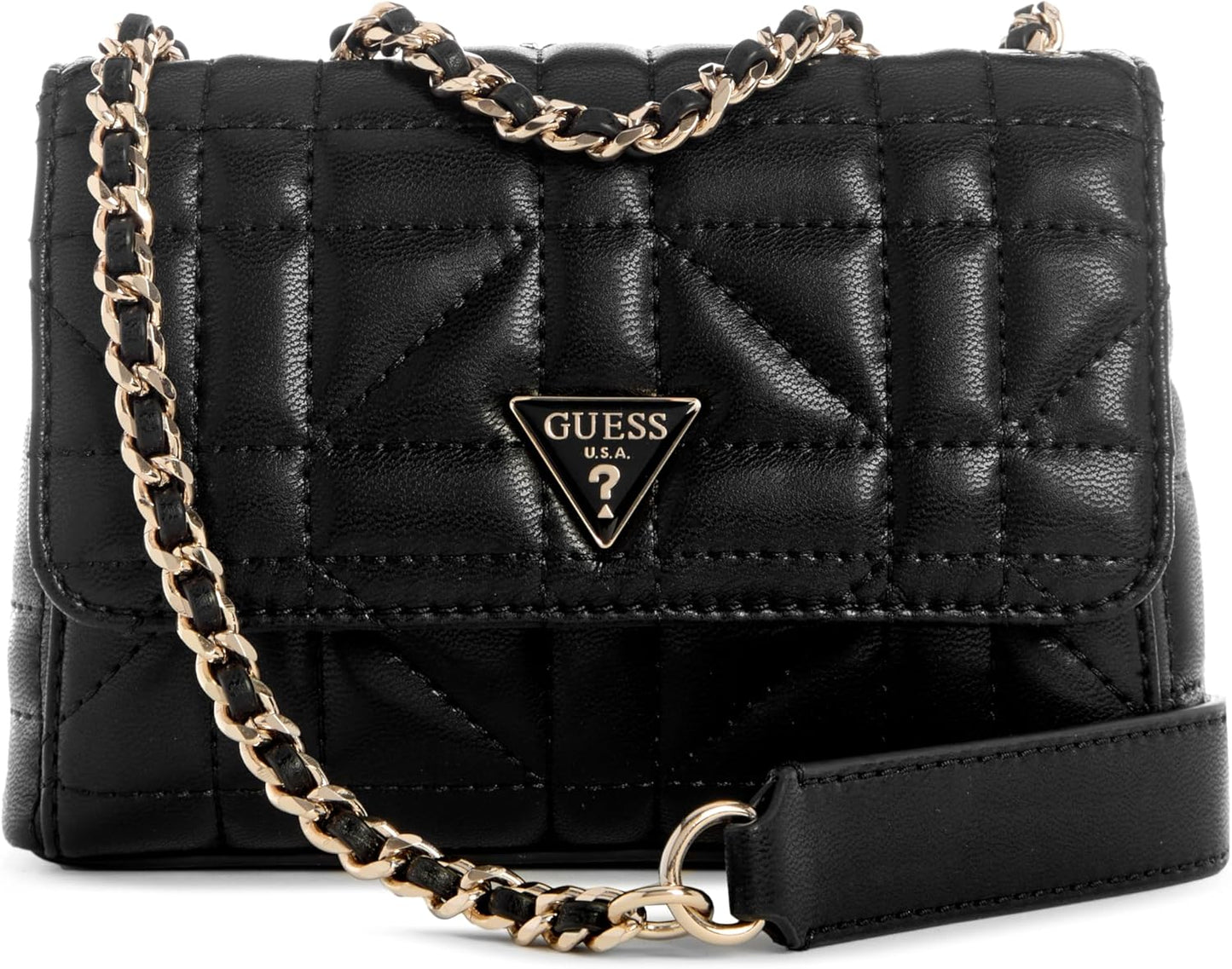 GUESS Edita Mini Convertible Crossbody in black with quilted pattern and chain strap for stylish versatility