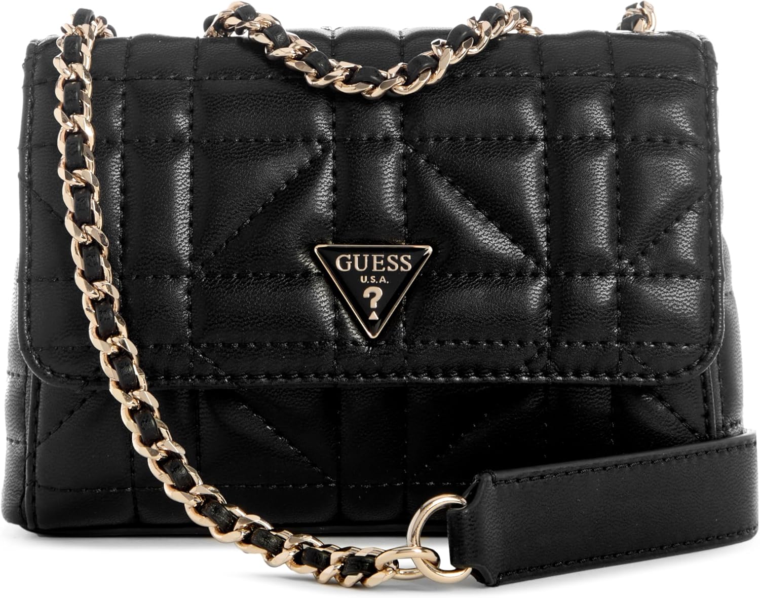 GUESS Edita Mini Convertible Crossbody in black with quilted pattern and chain strap for stylish versatility