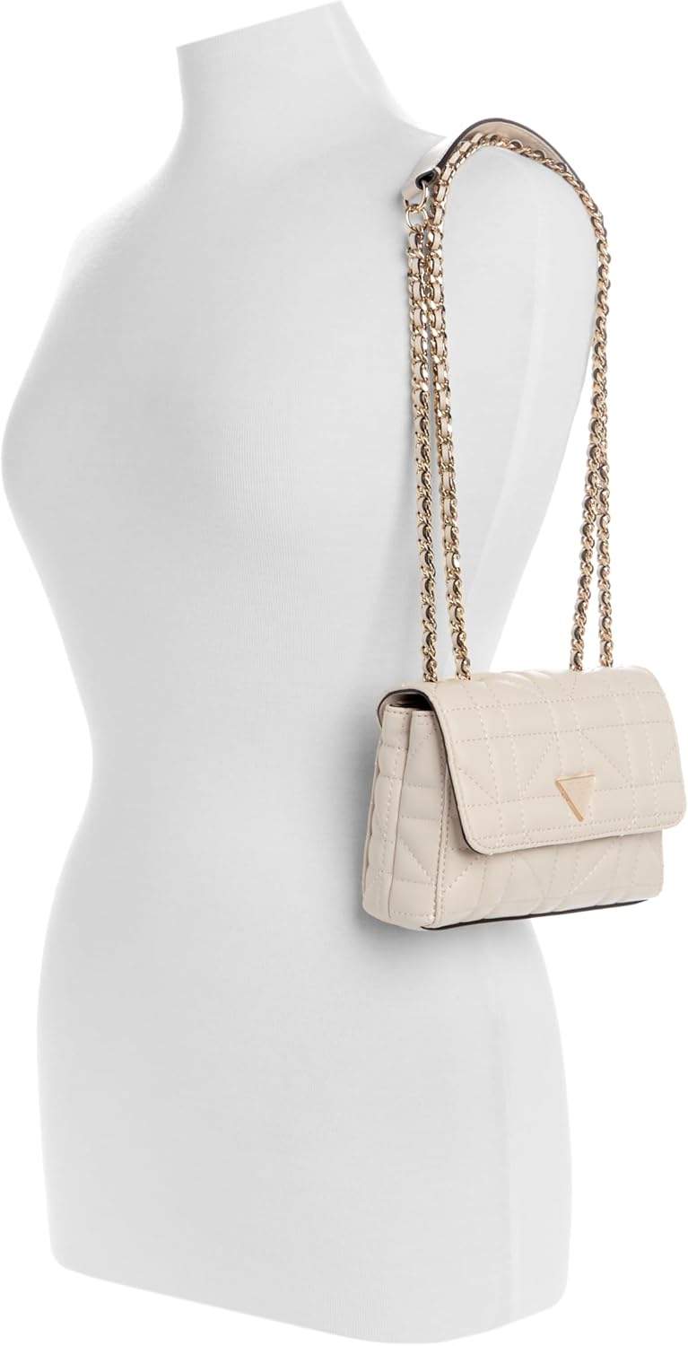 GUESS Edita Mini Convertible Crossbody Bag in beige with chic quilted design and chain strap